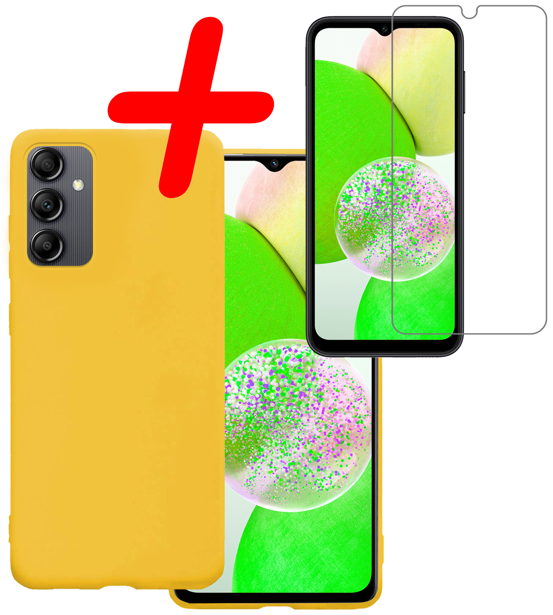 BASEY. Hoes Geschikt voor Samsung A14 Hoesje Siliconen Back Cover Case Met Screenprotector - Hoesje Geschikt voor Samsung Galaxy A14 Hoes Cover Hoesje - Geel