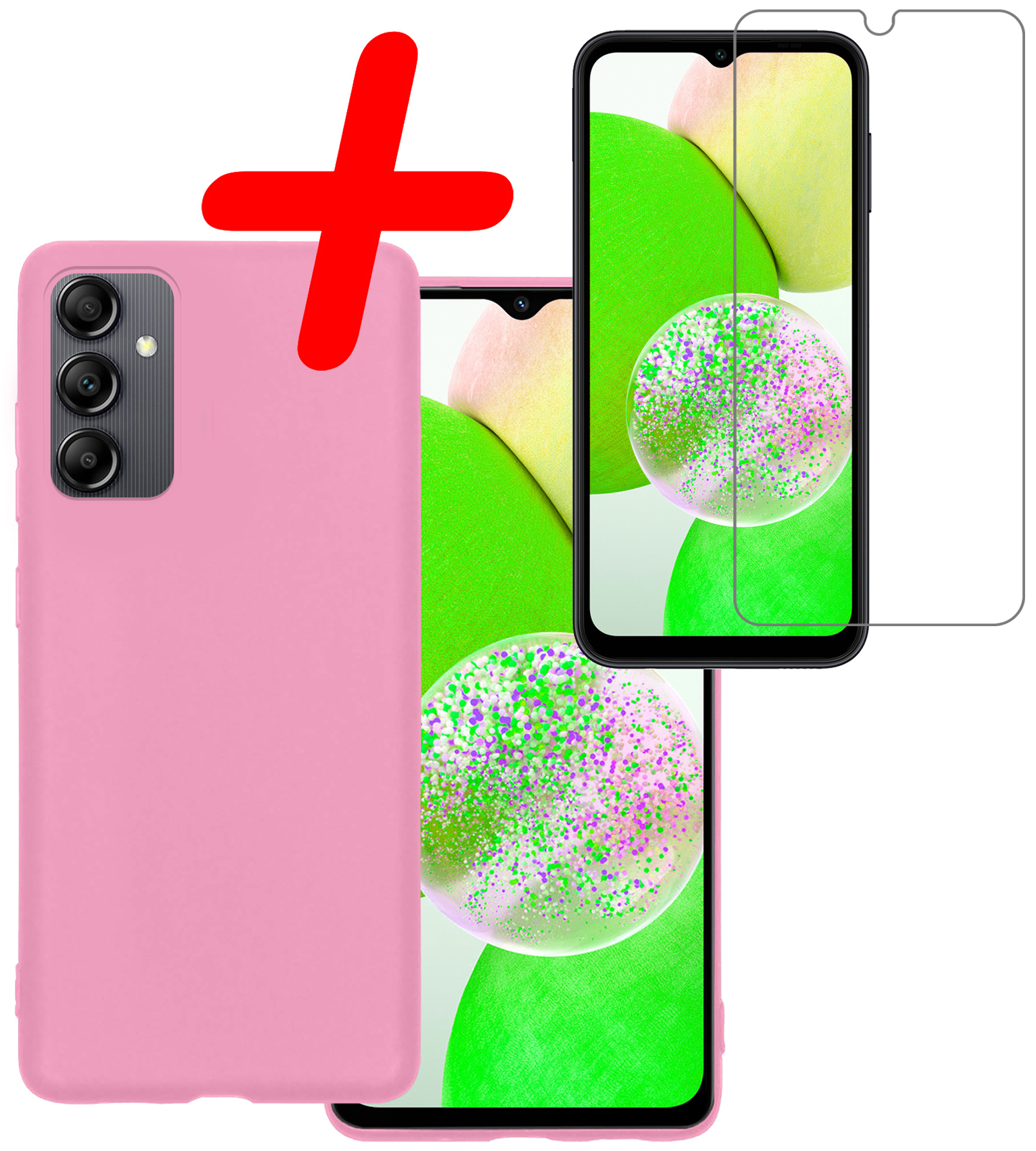 BASEY. Hoes Geschikt voor Samsung A14 Hoesje Siliconen Back Cover Case Met Screenprotector - Hoesje Geschikt voor Samsung Galaxy A14 Hoes Cover Hoesje - Roze
