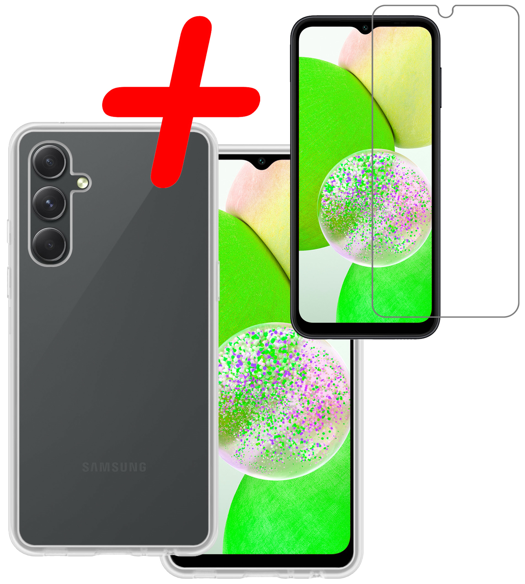 BASEY. Hoes Geschikt voor Samsung A14 Hoesje Siliconen Back Cover Case Met Screenprotector - Hoesje Geschikt voor Samsung Galaxy A14 Hoes Cover Hoesje - Transparant