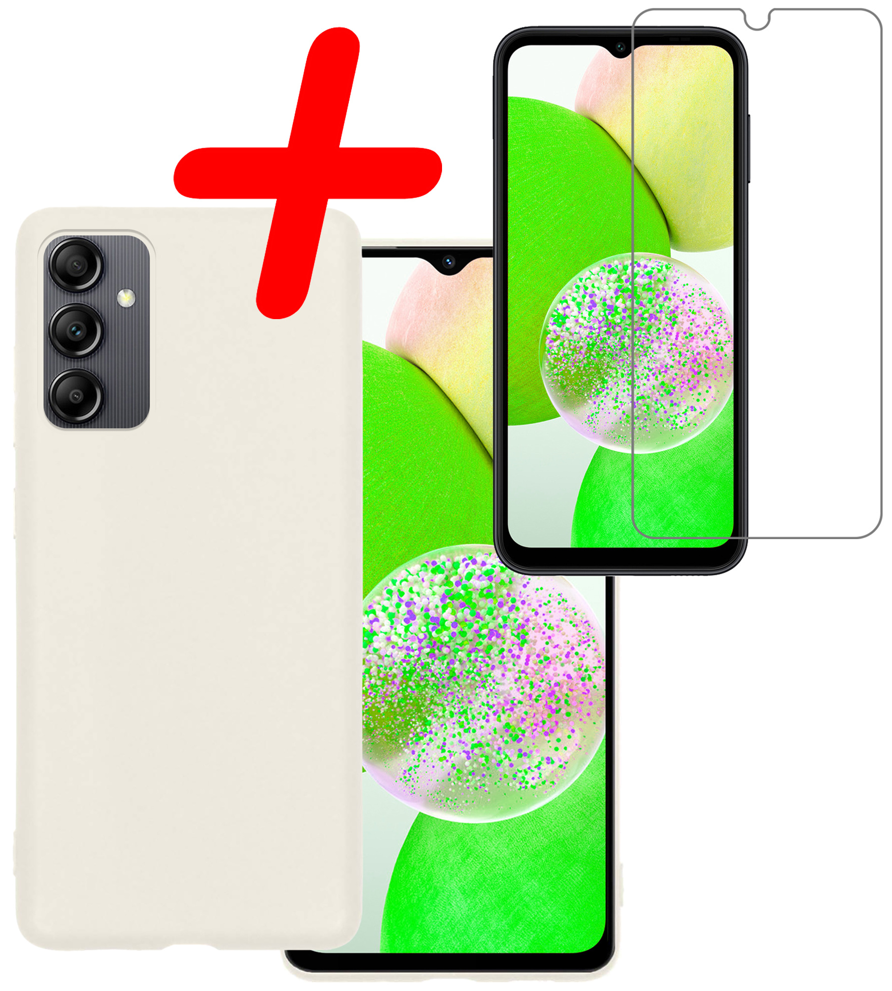 BASEY. Hoes Geschikt voor Samsung A14 Hoesje Siliconen Back Cover Case Met Screenprotector - Hoesje Geschikt voor Samsung Galaxy A14 Hoes Cover Hoesje - Wit