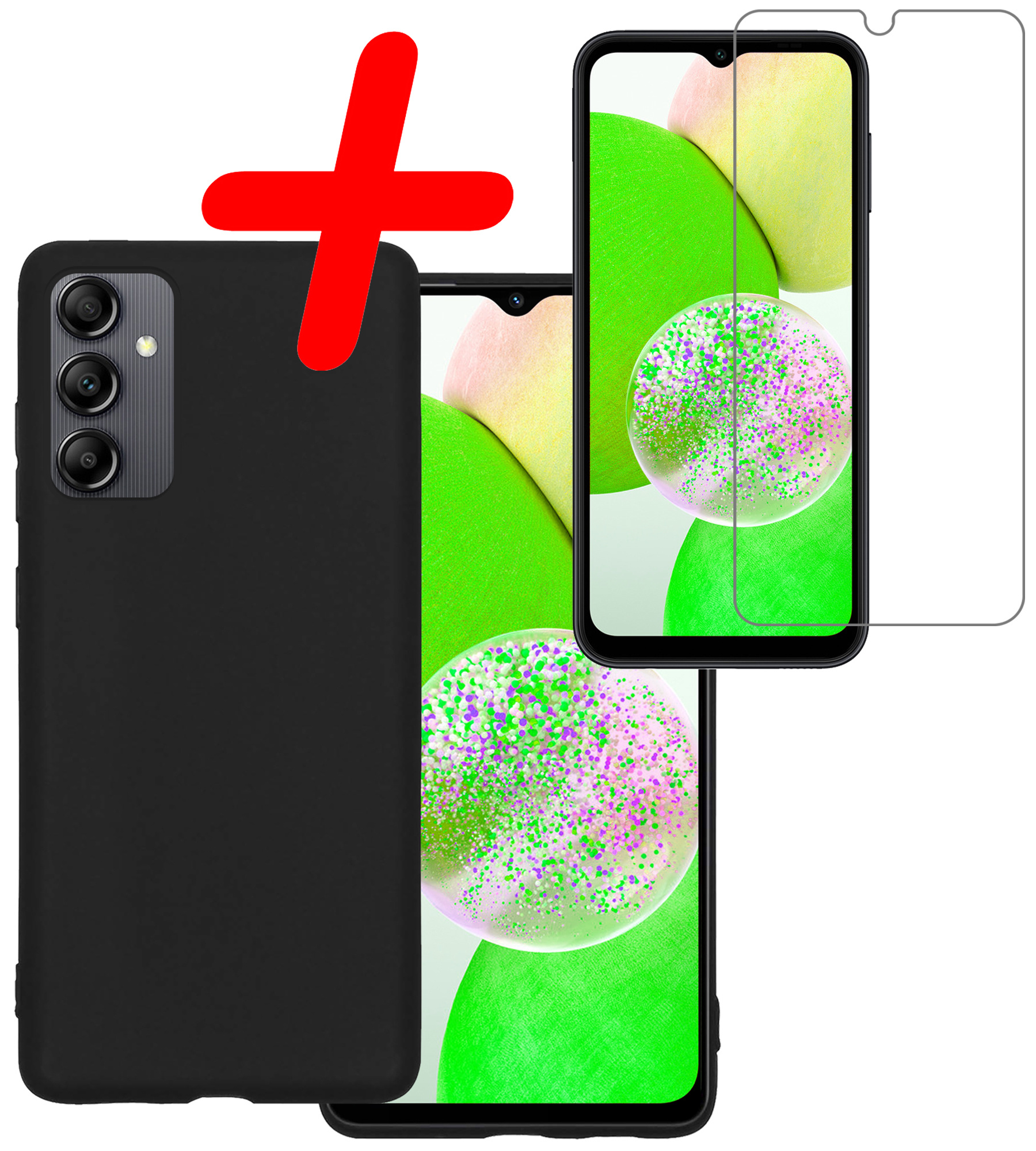 BASEY. Hoes Geschikt voor Samsung A14 Hoesje Siliconen Back Cover Case Met Screenprotector - Hoesje Geschikt voor Samsung Galaxy A14 Hoes Cover Hoesje - Zwart