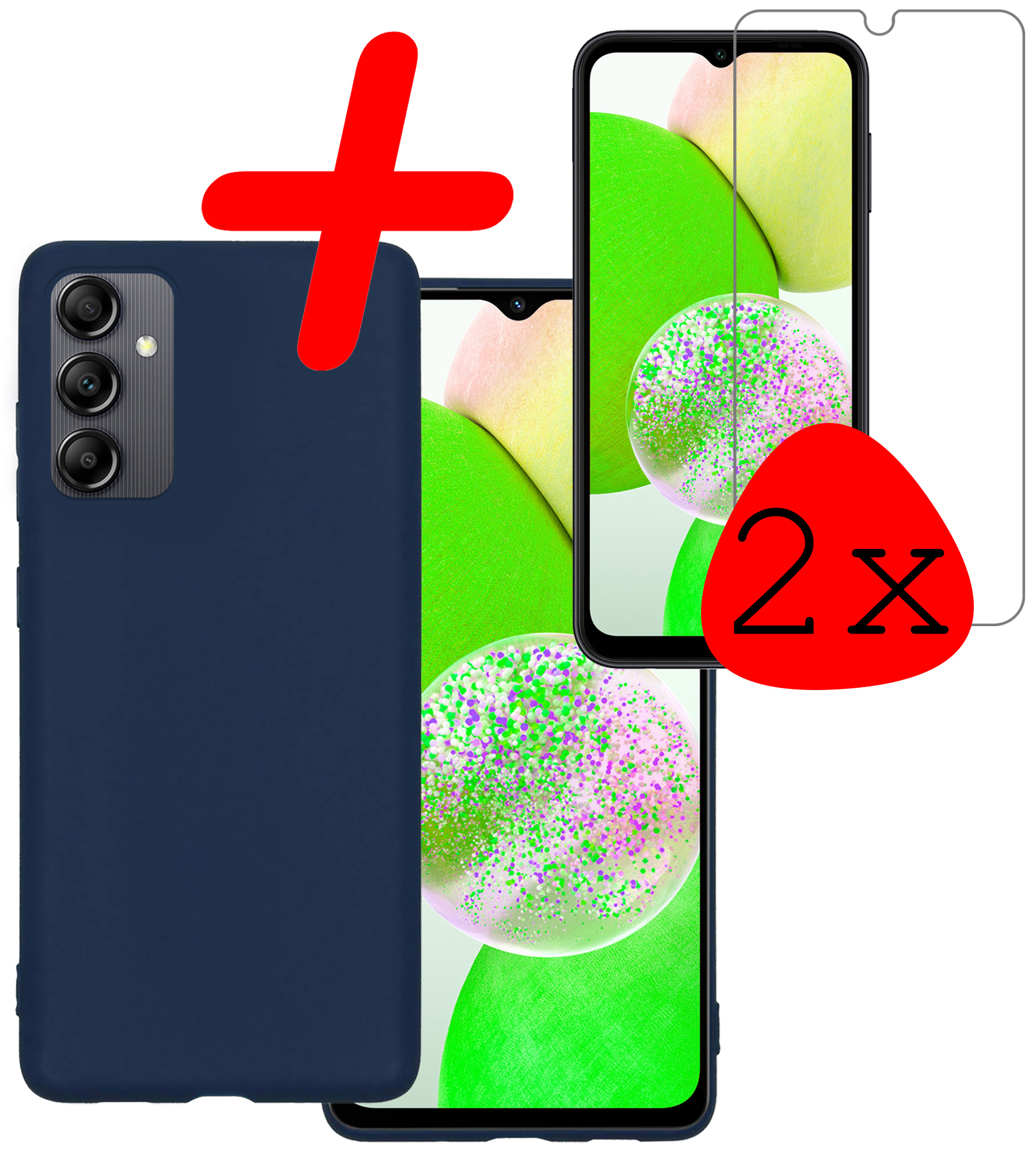 BASEY. Hoes Geschikt voor Samsung A14 Hoesje Siliconen Back Cover Case Met 2x Screenprotector - Hoesje Geschikt voor Samsung Galaxy A14 Hoes Cover Hoesje - Donkerblauw