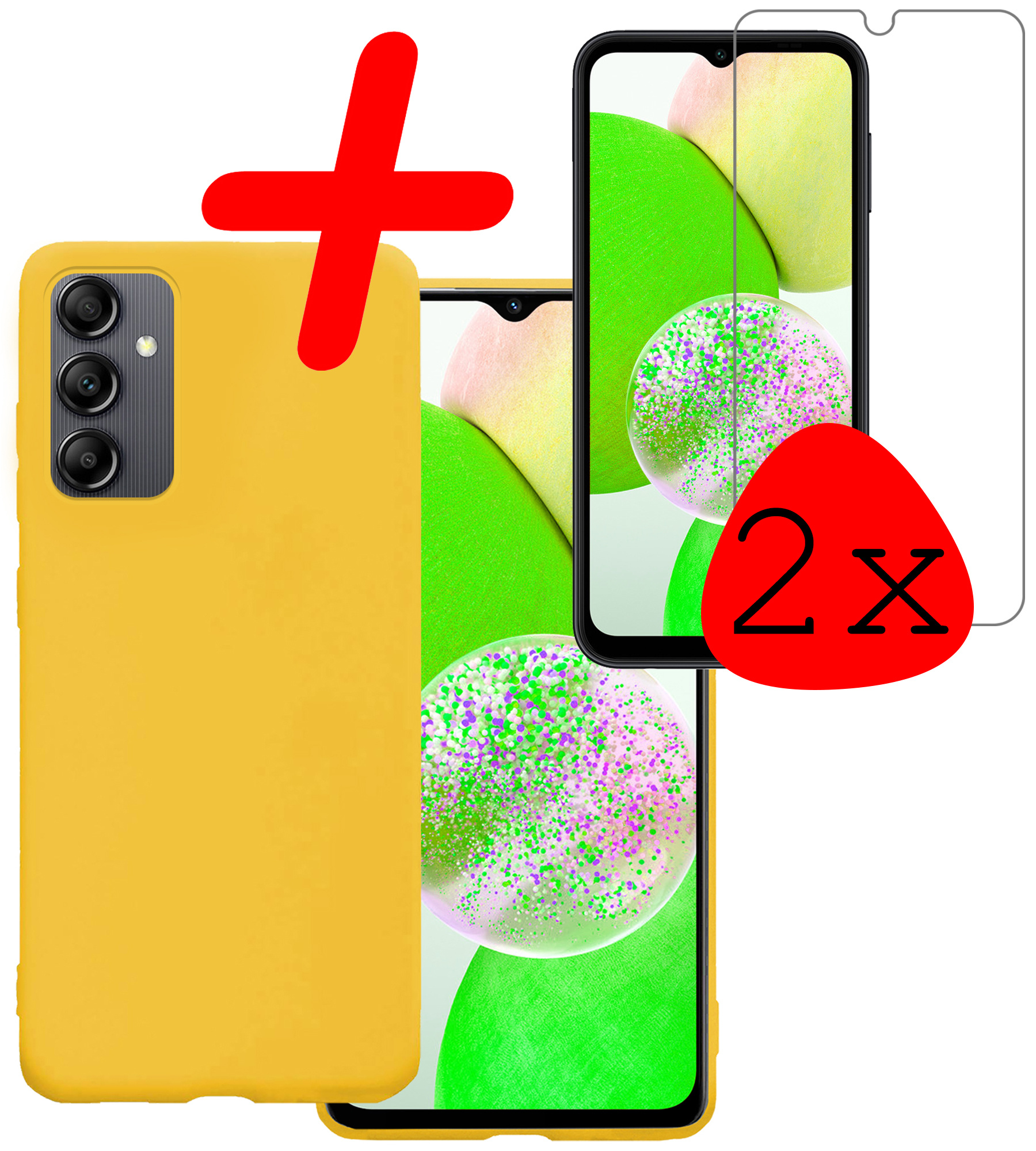 BASEY. Hoes Geschikt voor Samsung A14 Hoesje Siliconen Back Cover Case Met 2x Screenprotector - Hoesje Geschikt voor Samsung Galaxy A14 Hoes Cover Hoesje - Geel