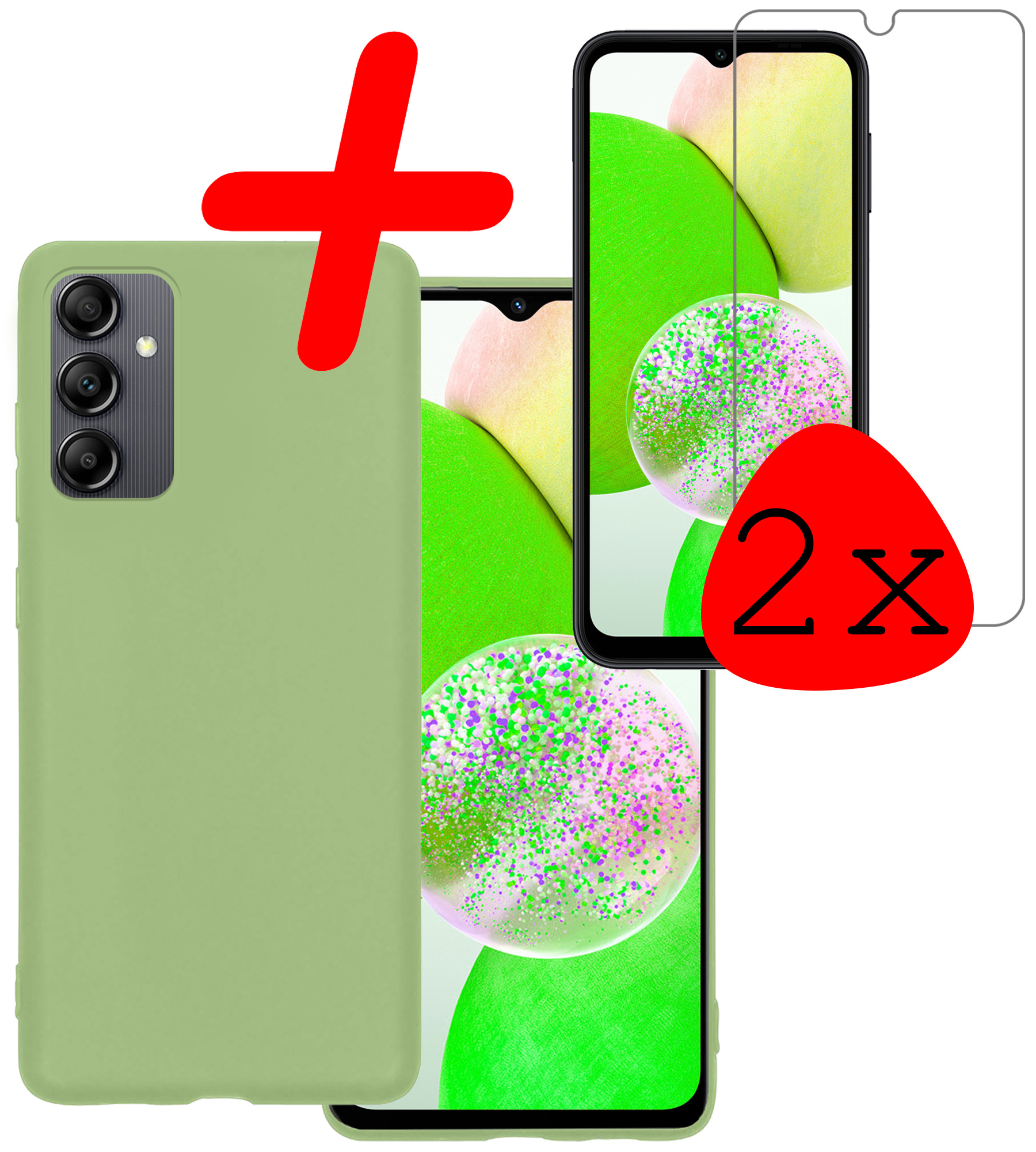 BASEY. Hoes Geschikt voor Samsung A14 Hoesje Siliconen Back Cover Case Met 2x Screenprotector - Hoesje Geschikt voor Samsung Galaxy A14 Hoes Cover Hoesje - Groen