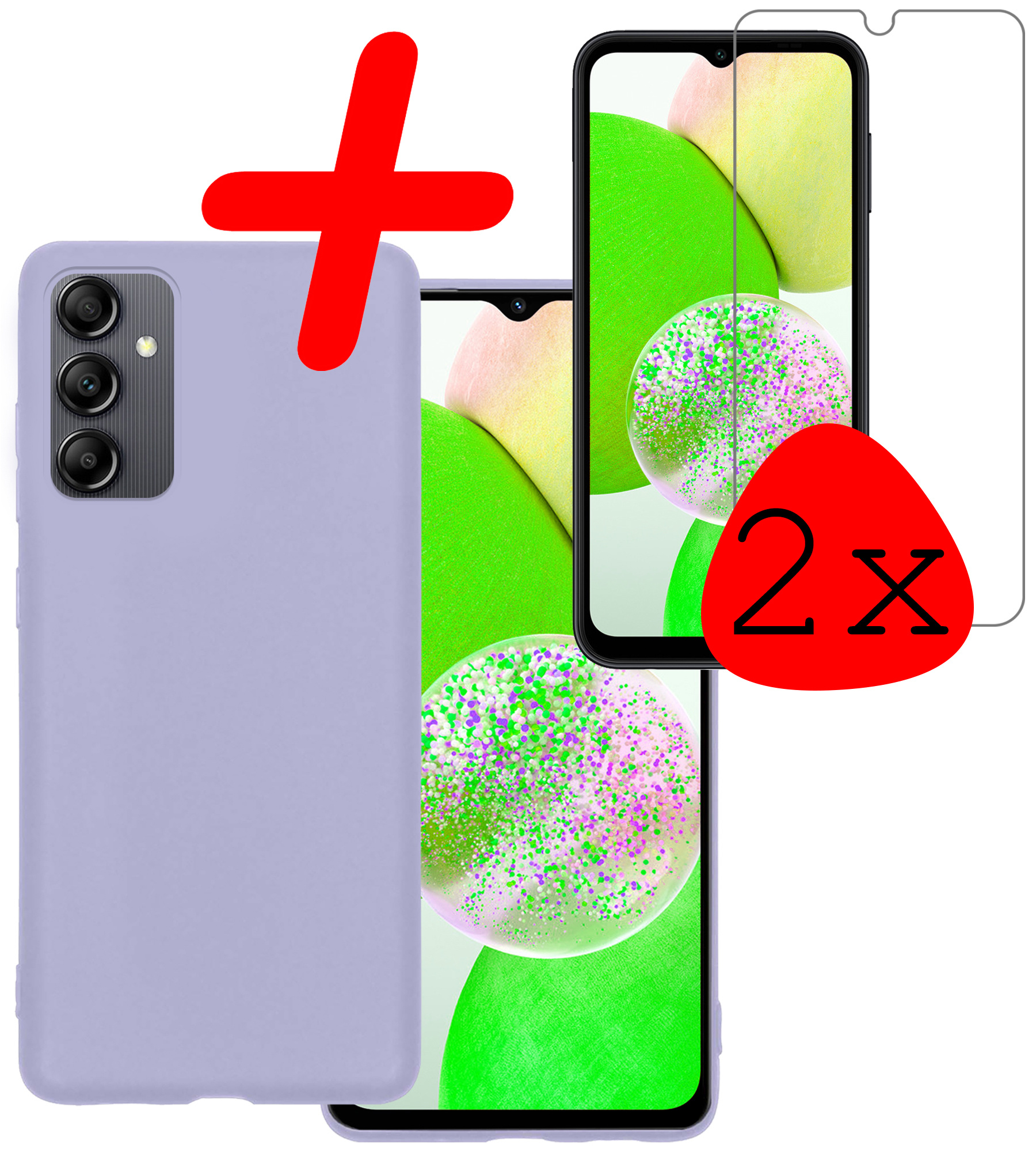 BASEY. Hoes Geschikt voor Samsung A14 Hoesje Siliconen Back Cover Case Met 2x Screenprotector - Hoesje Geschikt voor Samsung Galaxy A14 Hoes Cover Hoesje - Lila