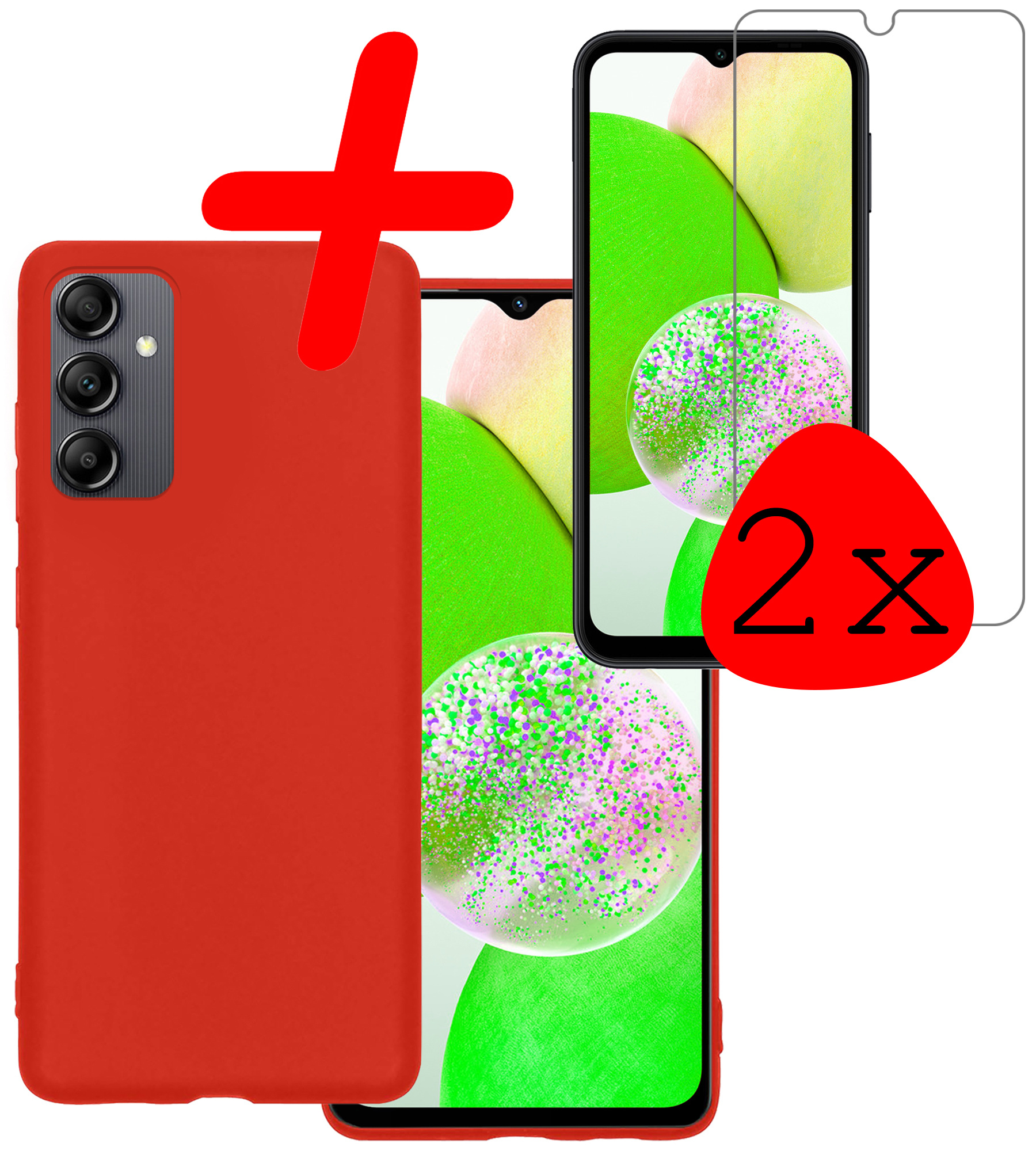 BASEY. Hoes Geschikt voor Samsung A14 Hoesje Siliconen Back Cover Case Met 2x Screenprotector - Hoesje Geschikt voor Samsung Galaxy A14 Hoes Cover Hoesje - Rood