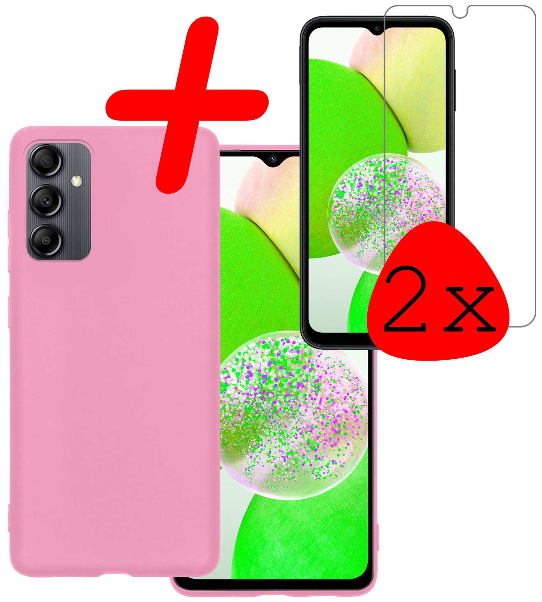 BASEY. Hoes Geschikt voor Samsung A14 Hoesje Siliconen Back Cover Case Met 2x Screenprotector - Hoesje Geschikt voor Samsung Galaxy A14 Hoes Cover Hoesje - Roze