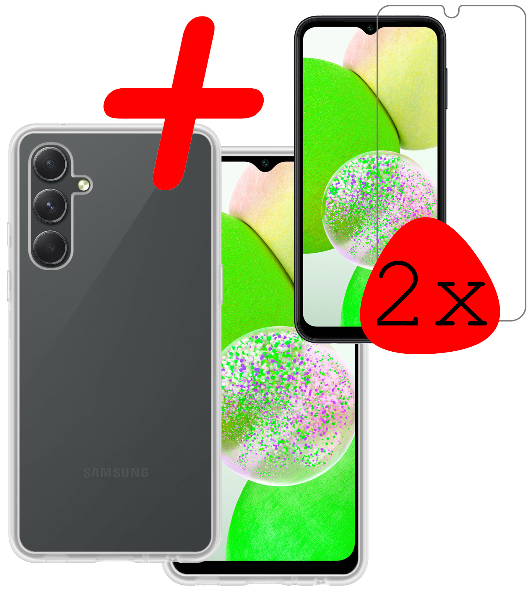 BASEY. Hoes Geschikt voor Samsung A14 Hoesje Siliconen Back Cover Case Met 2x Screenprotector - Hoesje Geschikt voor Samsung Galaxy A14 Hoes Cover Hoesje - Transparant