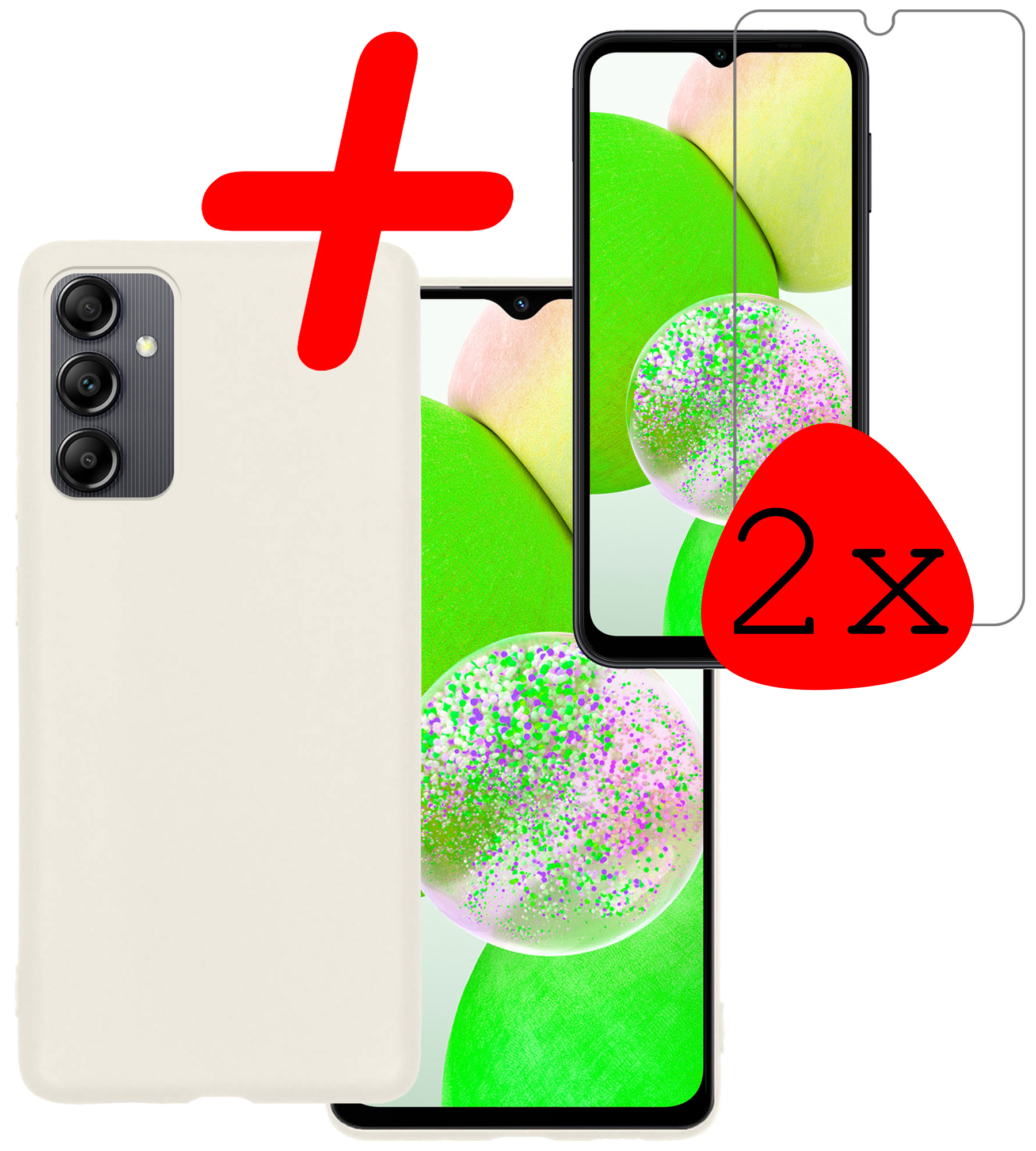 BASEY. Hoes Geschikt voor Samsung A14 Hoesje Siliconen Back Cover Case Met 2x Screenprotector - Hoesje Geschikt voor Samsung Galaxy A14 Hoes Cover Hoesje - Wit