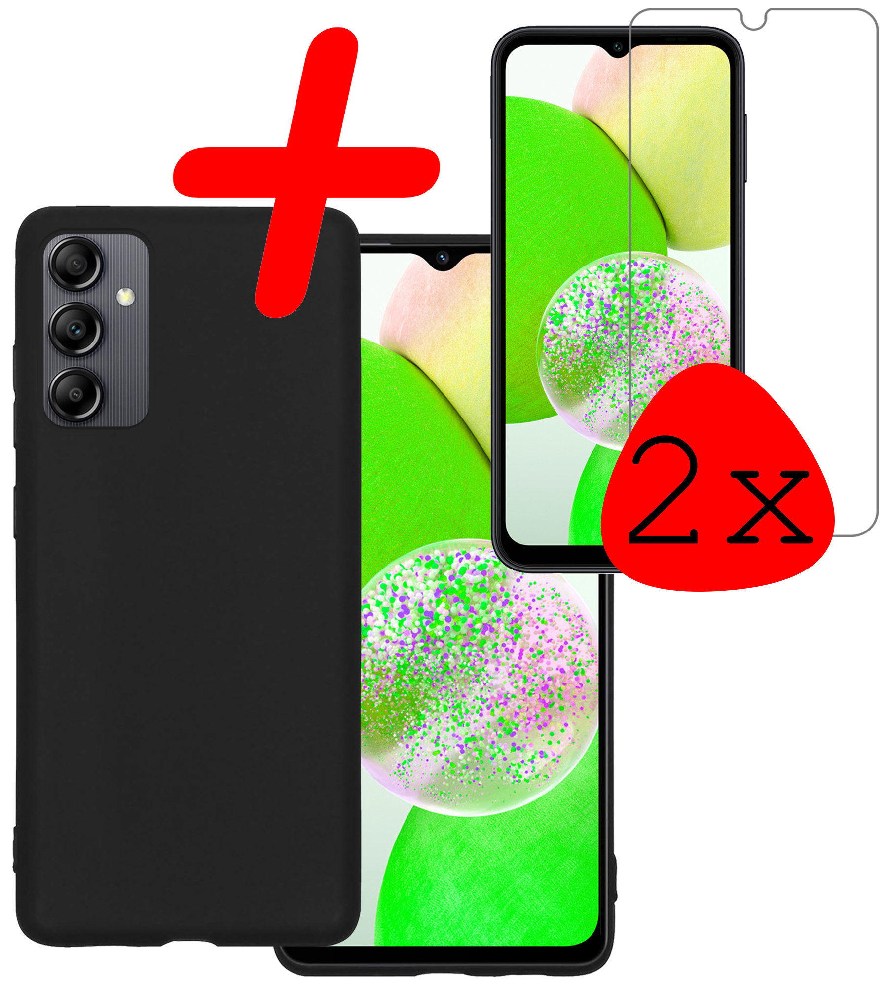 BASEY. Hoes Geschikt voor Samsung A14 Hoesje Siliconen Back Cover Case Met 2x Screenprotector - Hoesje Geschikt voor Samsung Galaxy A14 Hoes Cover Hoesje - Zwart