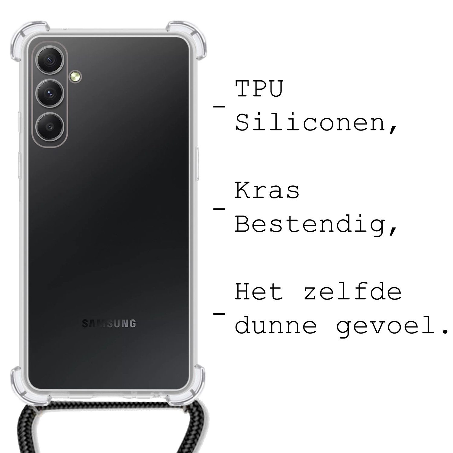 BASEY. Hoes Geschikt voor Samsung A14 Hoesje Shock Proof Case Met Koord Shock Hoes Met Koord - Hoesje Geschikt voor Samsung Galaxy A14 Hoes Cover Met Koord - Transparant