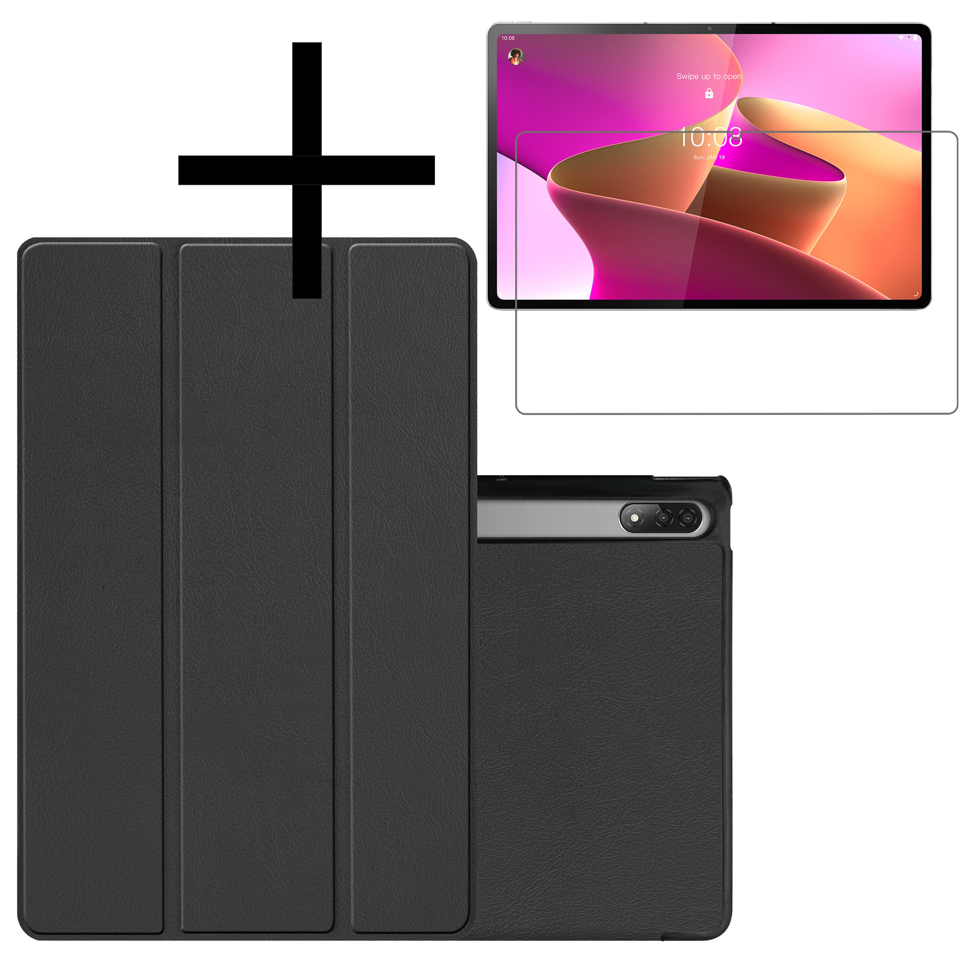 NoXx Lenovo Tab P12 Pro Hoesje Met Screenprotector Book Case Cover Met Screen Protector - Zwart