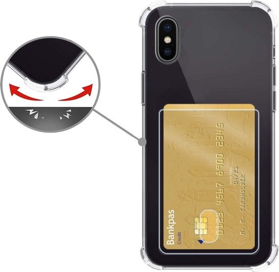 Nomfy Hoesje Geschikt voor iPhone X/Xs Hoesje Pasjeshouder Shockproof Pas Houder - Hoesje Geschikt voor iPhone X/Xs Hoes Met Kaarthouder - Transparant - 2 PACK