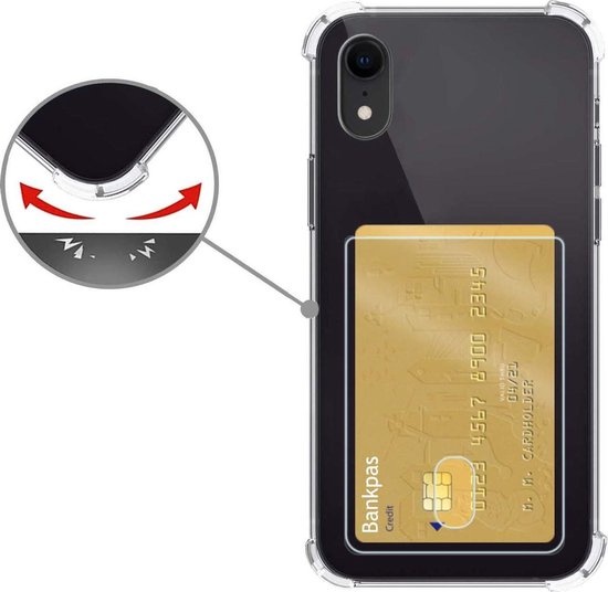 Nomfy Hoesje Geschikt voor iPhone XR Hoesje Pasjeshouder Shockproof Pas Houder - Hoesje Geschikt voor iPhone XR Hoes Met Kaarthouder - Transparant - 2 PACK