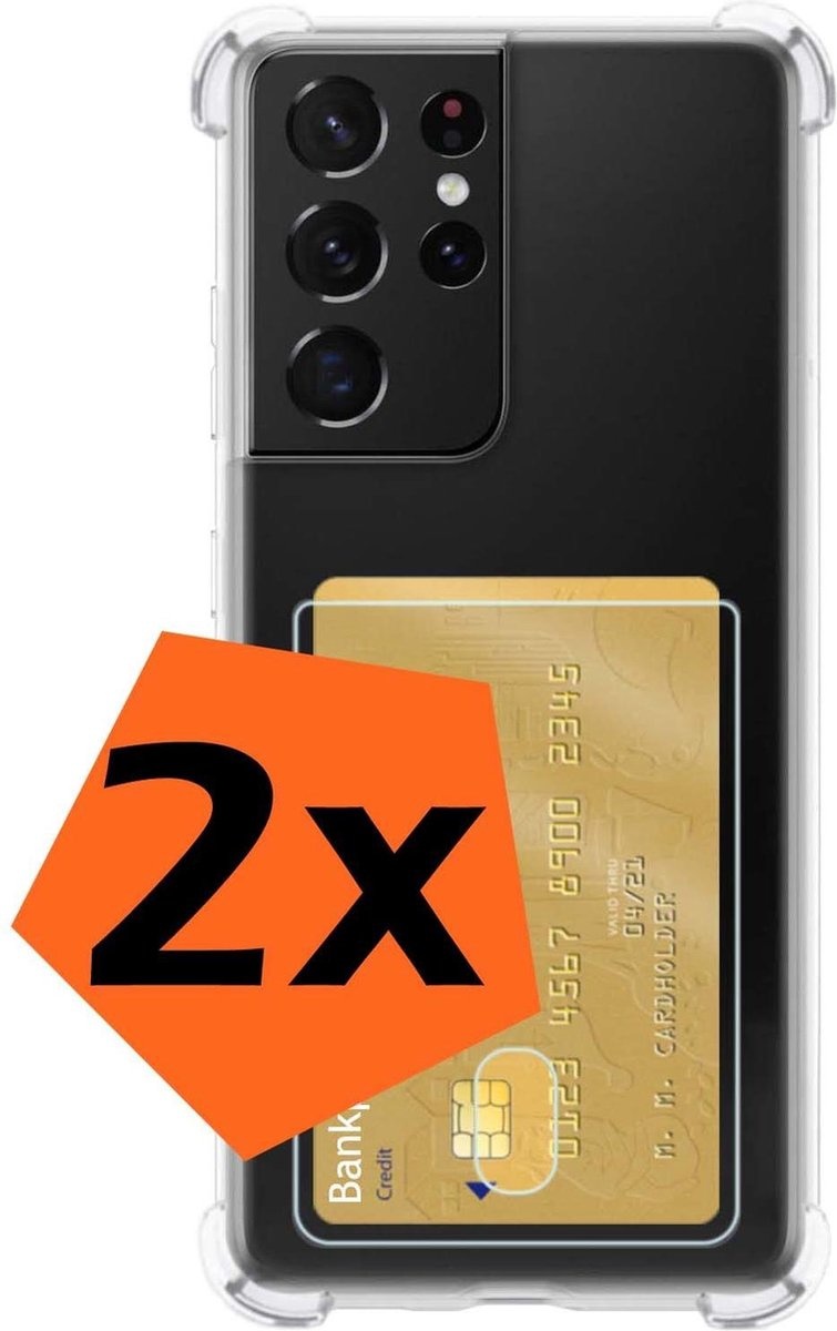 Nomfy Hoesje Geschikt voor Samsung S21 Ultra Hoesje Pasjeshouder Shockproof Pas Houder - Hoesje Geschikt voor Samsung Galaxy S21 Ultra Hoes Met Kaarthouder - Transparant - 2 PACK