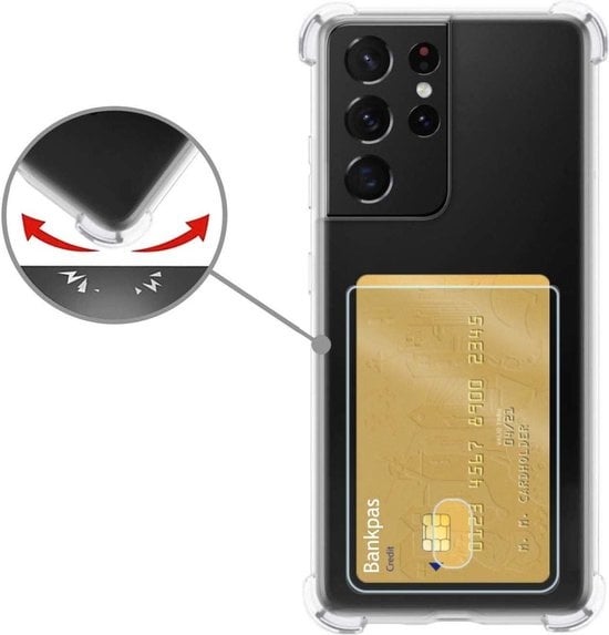Nomfy Hoesje Geschikt voor Samsung S21 Ultra Hoesje Pasjeshouder Shockproof Pas Houder - Hoesje Geschikt voor Samsung Galaxy S21 Ultra Hoes Met Kaarthouder - Transparant - 2 PACK