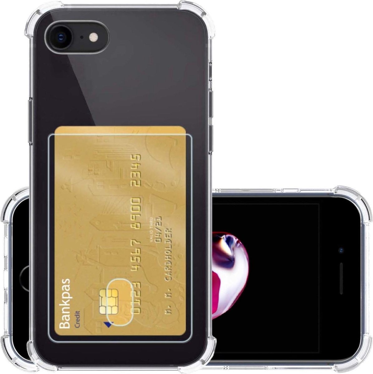 NoXx Hoes Geschikt voor iPhone 7/8/SE 2020 Hoesje Pasjeshouder Cover Shock Proof Case Siliconen Hoes Met Kaarthouder - Transparant