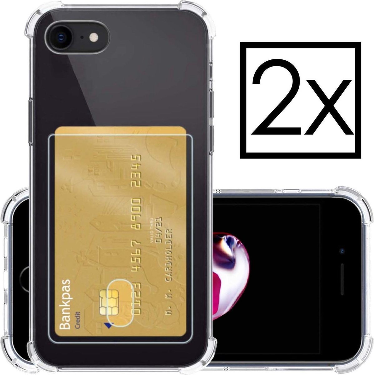 NoXx Hoes Geschikt voor iPhone SE 2020 Hoesje Pasjeshouder Cover Shock Proof Case Siliconen Hoes Met Kaarthouder - Transparant - 2x