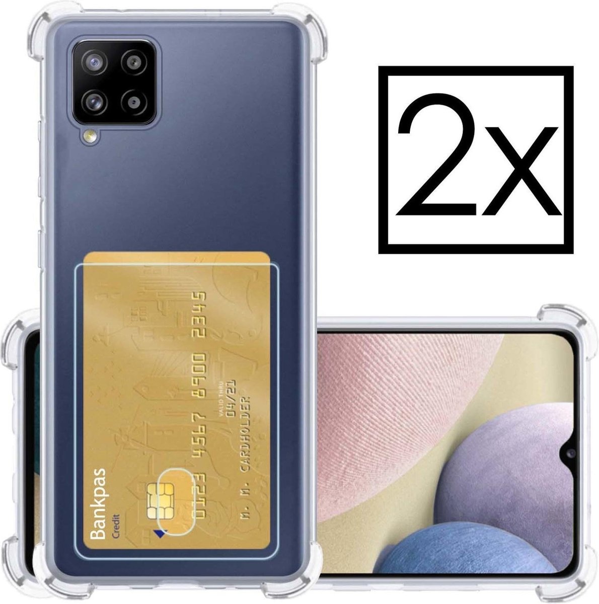 NoXx Hoes Geschikt voor Samsung A42 Hoesje Pasjeshouder Cover Shock Proof Case Siliconen Hoes Met Kaarthouder - Transparant - 2x