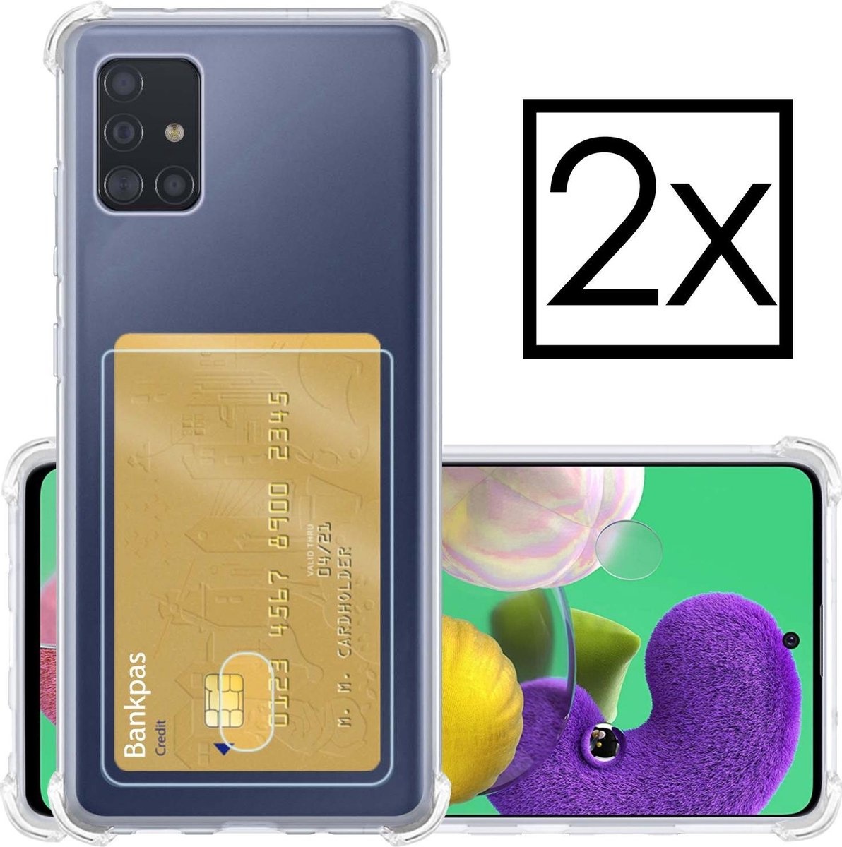 NoXx Hoes Geschikt voor Samsung A51 Hoesje Pasjeshouder Cover Shock Proof Case Siliconen Hoes Met Kaarthouder - Transparant - 2x