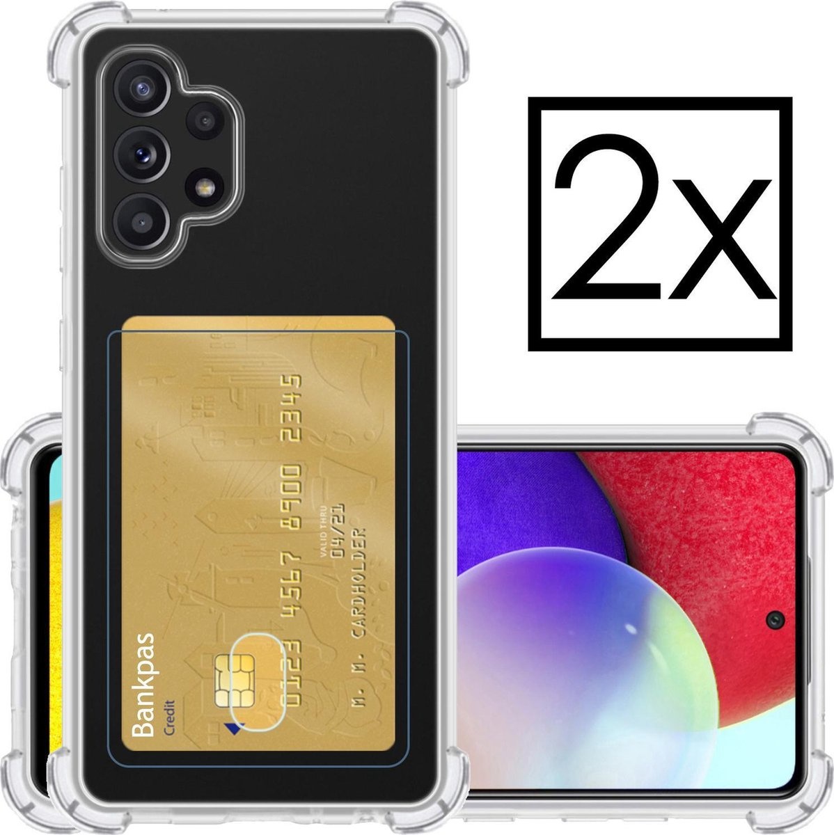 NoXx Hoes Geschikt voor Samsung A52 Hoesje Pasjeshouder Cover Shock Proof Case Siliconen Hoes Met Kaarthouder - Transparant - 2x