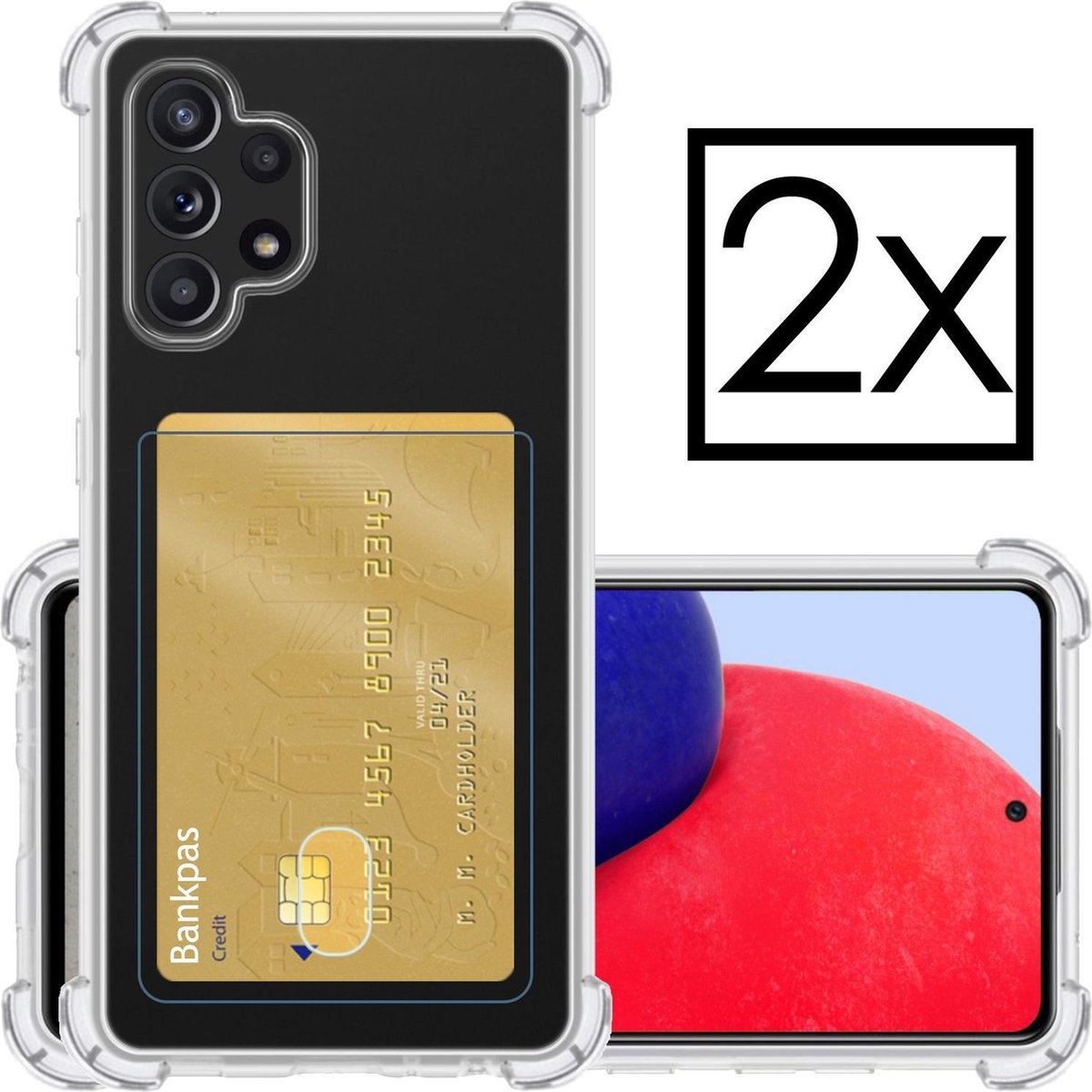 NoXx Hoes Geschikt voor Samsung A72 Hoesje Pasjeshouder Cover Shock Proof Case Siliconen Hoes Met Kaarthouder - Transparant - 2x