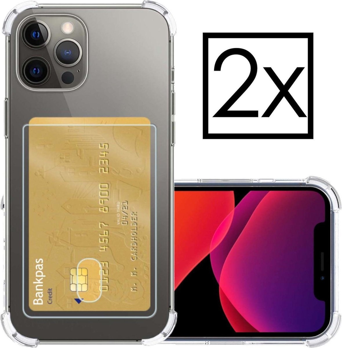 NoXx Hoes Geschikt voor iPhone 11 Pro Max Hoesje Pasjeshouder Cover Shock Proof Case Siliconen Hoes Met Kaarthouder - Transparant - 2x