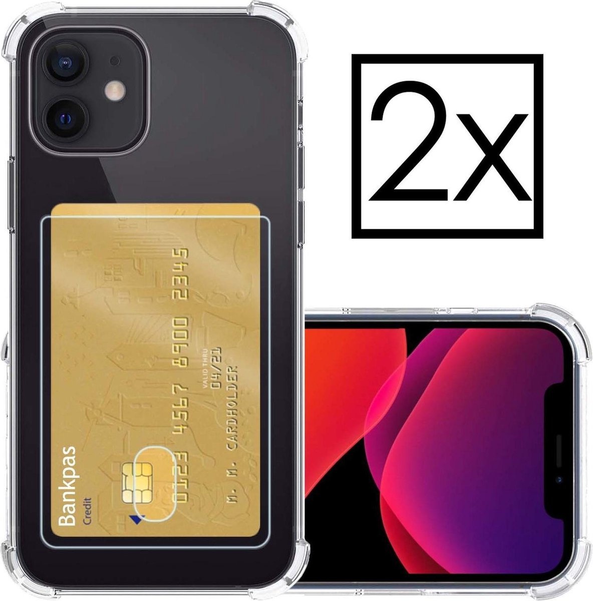 NoXx Hoes Geschikt voor iPhone 12 Mini Hoesje Pasjeshouder Cover Shock Proof Case Siliconen Hoes Met Kaarthouder - Transparant - 2x