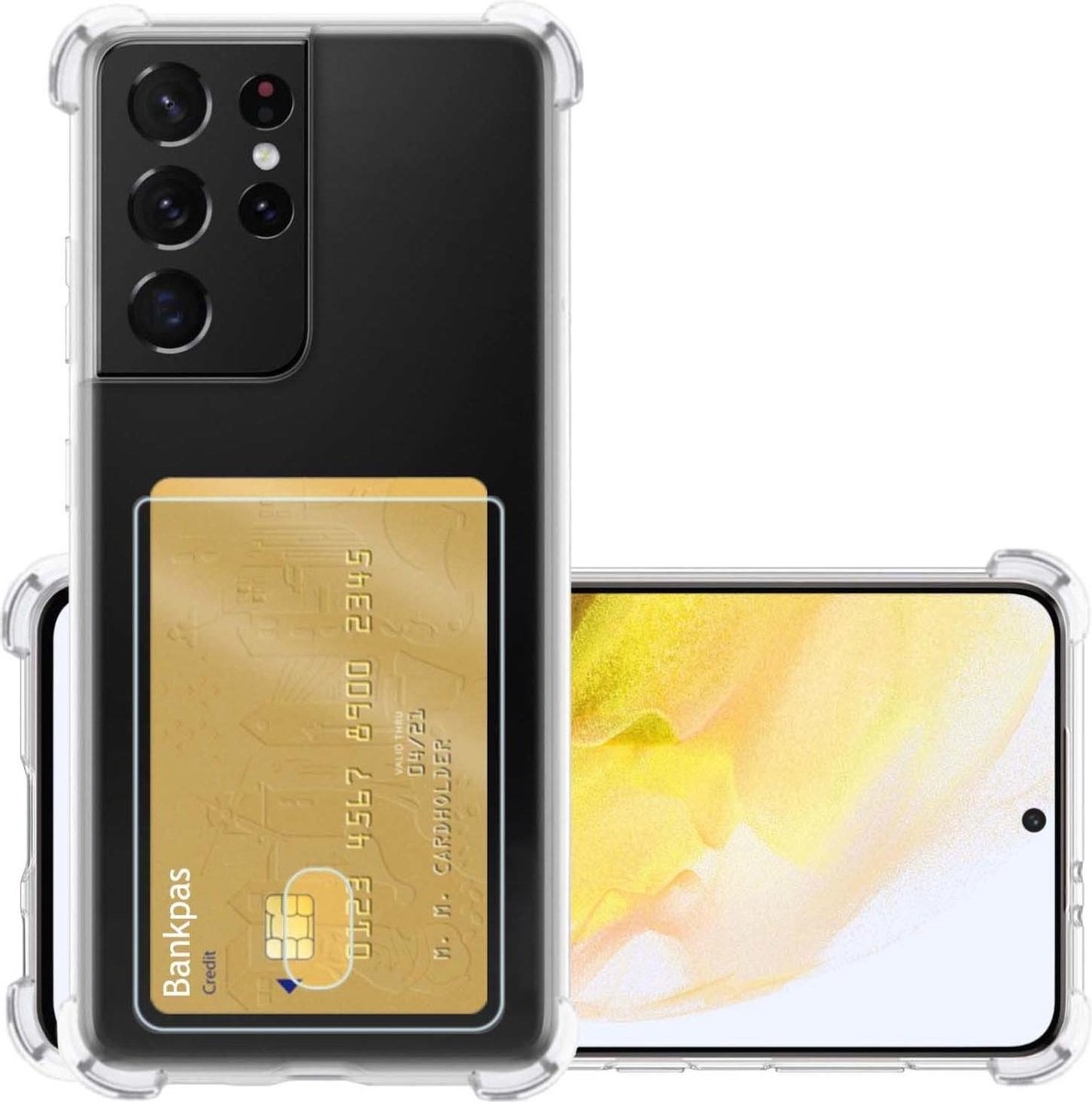 NoXx Hoes Geschikt voor Samsung S21 Ultra Hoesje Pasjeshouder Cover Shock Proof Case Siliconen Hoes Met Kaarthouder - Transparant