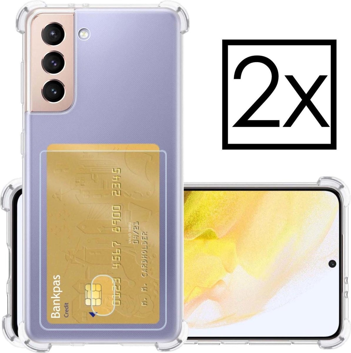 NoXx Hoes Geschikt voor Samsung S21 Hoesje Pasjeshouder Cover Shock Proof Case Siliconen Hoes Met Kaarthouder - Transparant - 2x