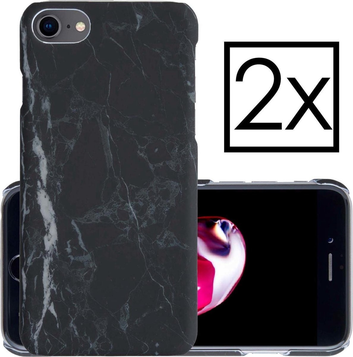 NoXx Hoes Geschikt voor iPhone 8 Hoesje Marmer Back Case Hardcover Marmeren Hoes Marmer - Zwart - 2x