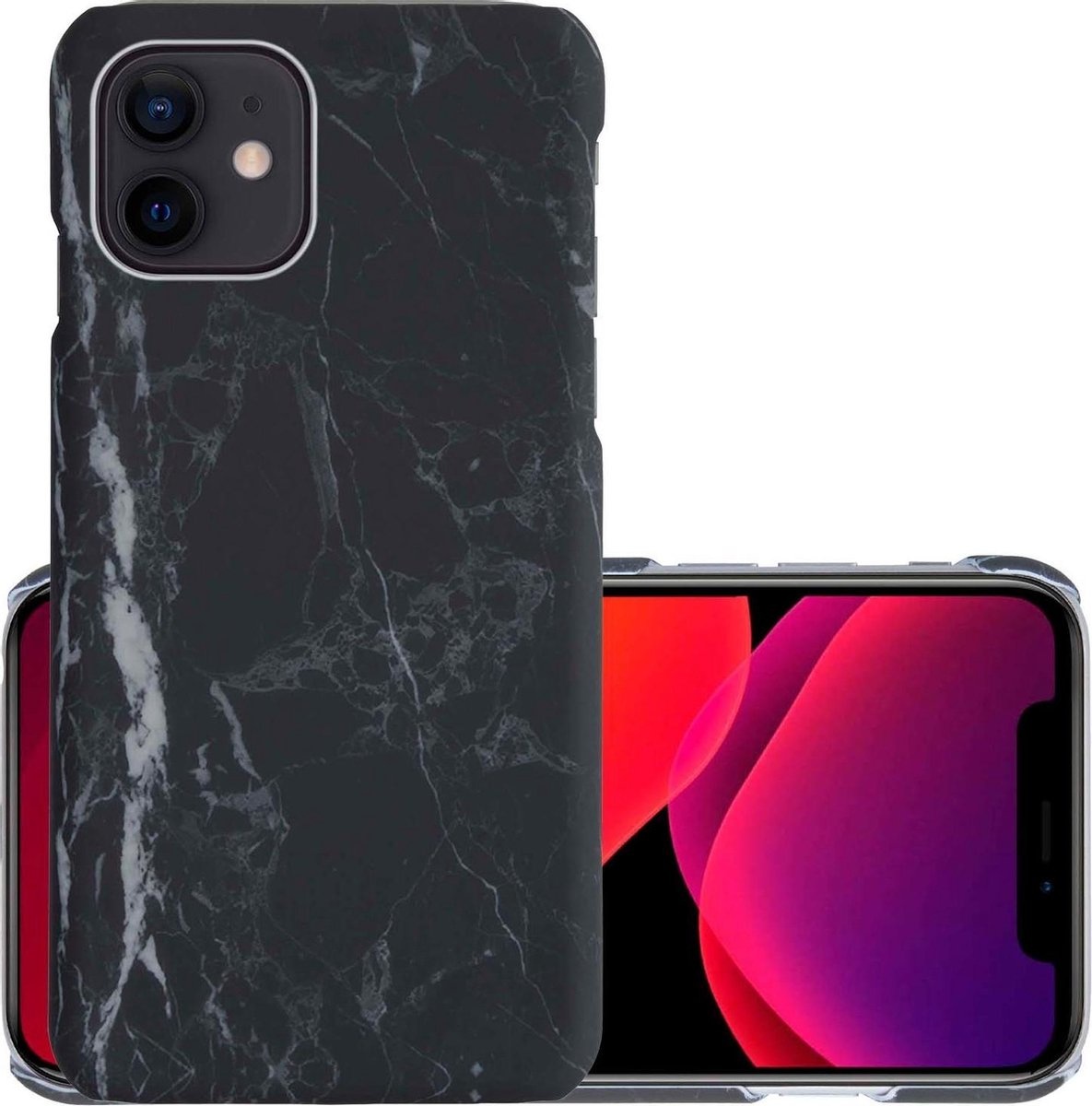 NoXx Hoes Geschikt voor iPhone 12 Hoesje Marmer Back Case Hardcover Marmeren Hoes Marmer - Zwart