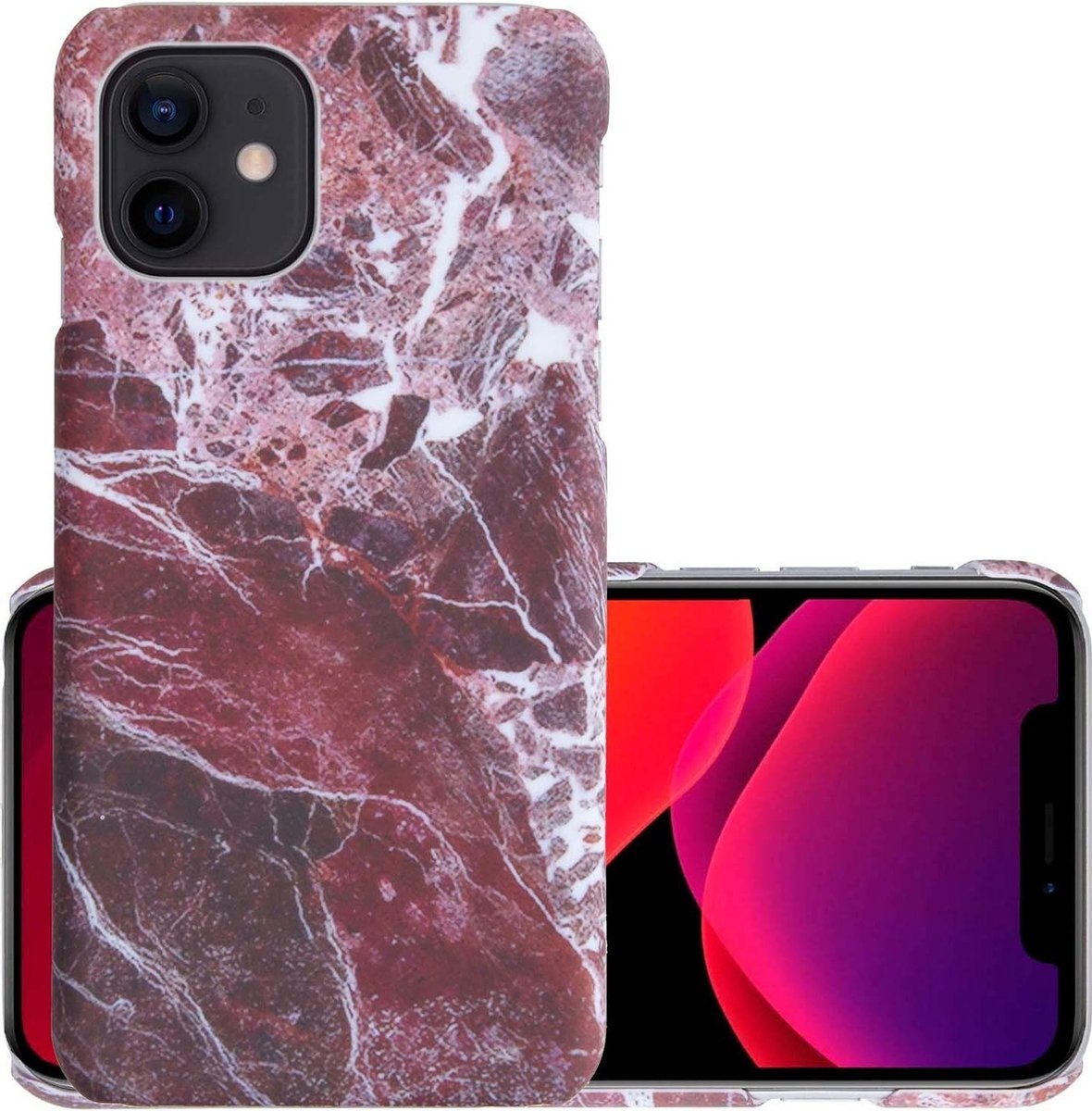 NoXx Hoes Geschikt voor iPhone 12 Hoesje Marmer Back Case Hardcover Marmeren Hoes Marmer - Rood