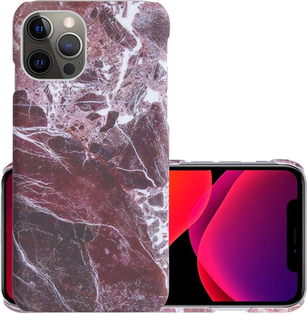 NoXx Hoes Geschikt voor iPhone 12 Pro Hoesje Marmer Back Case Hardcover Marmeren Hoes Marmer - Rood