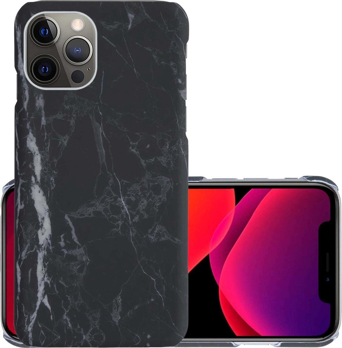 NoXx Hoes Geschikt voor iPhone 12 Pro Max Hoesje Marmer Back Case Hardcover Marmeren Hoes Marmer - Zwart