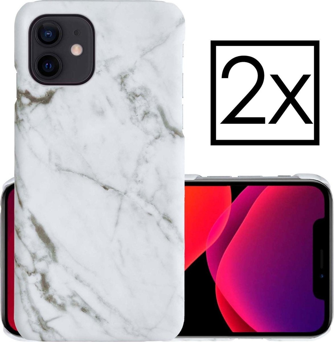 NoXx Hoes Geschikt voor iPhone 12 Mini Hoesje Marmer Back Case Hardcover Marmeren Hoes Marmer - Wit - 2x
