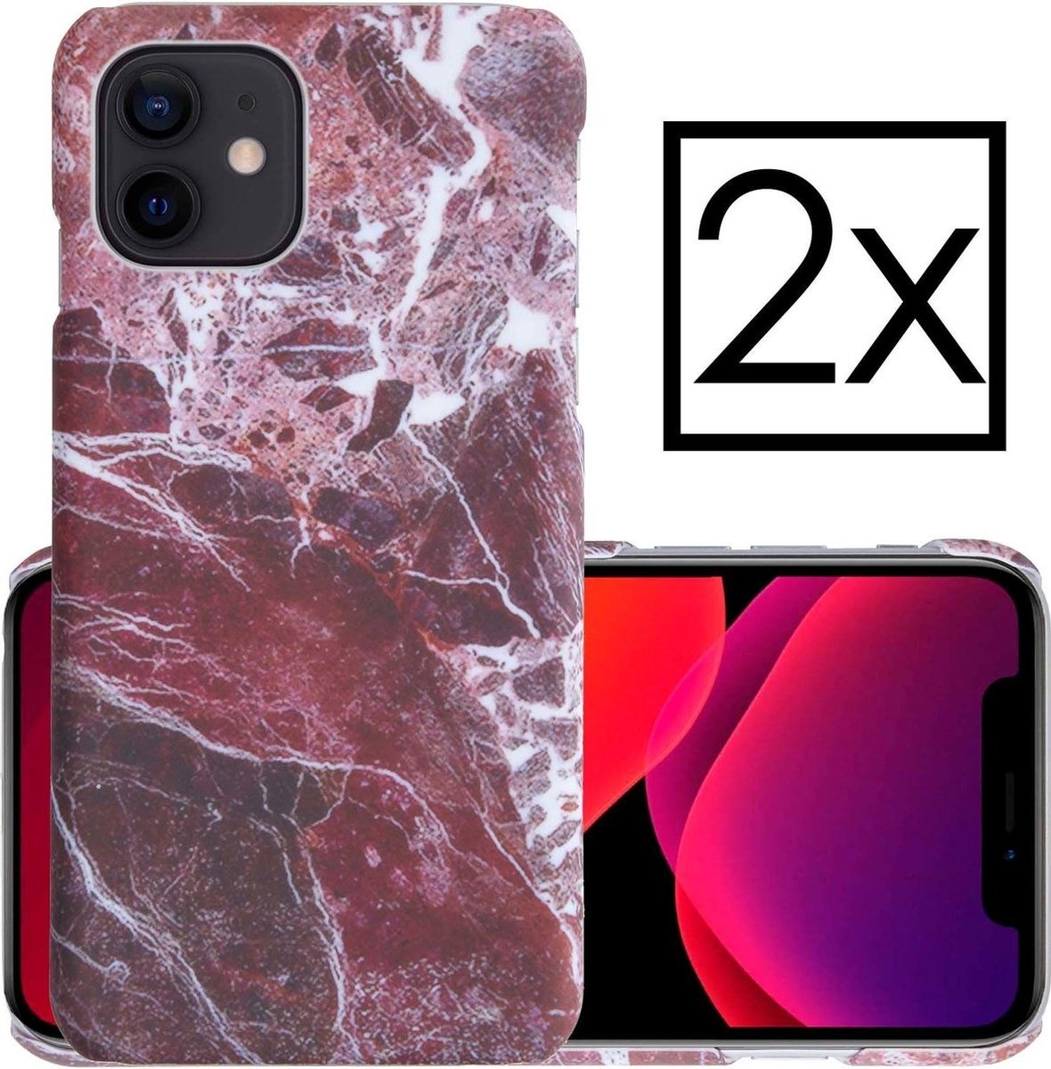 NoXx Hoes Geschikt voor iPhone 12 Mini Hoesje Marmer Back Case Hardcover Marmeren Hoes Marmer - Rood - 2x