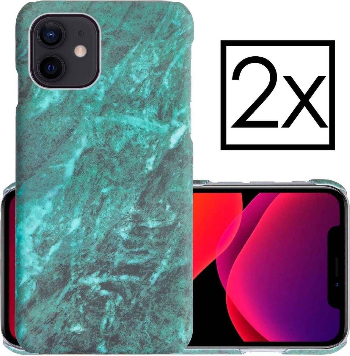 NoXx Hoes Geschikt voor iPhone 12 Mini Hoesje Marmer Back Case Hardcover Marmeren Hoes Marmer - Groen - 2x