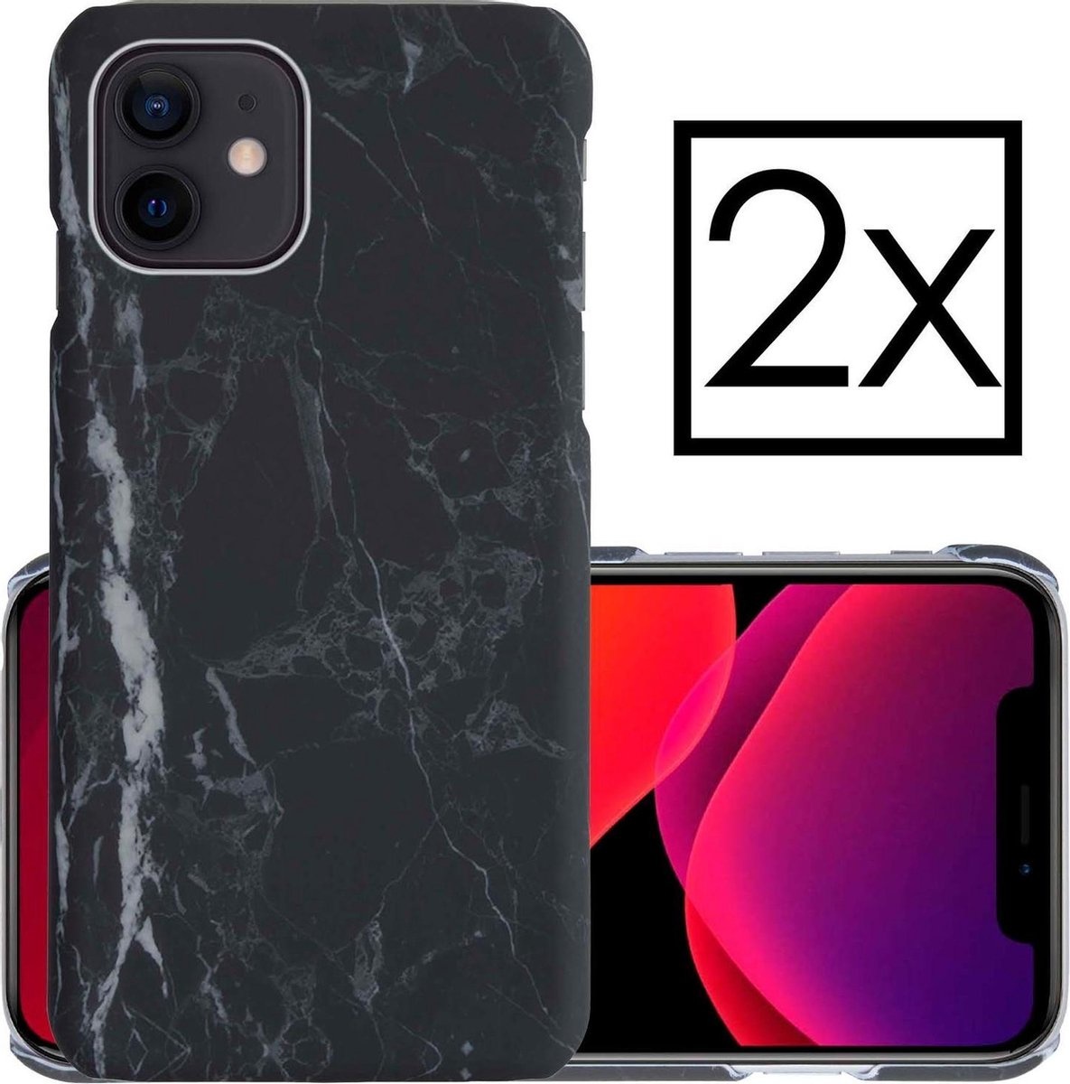 NoXx Hoes Geschikt voor iPhone 12 Hoesje Marmer Back Case Hardcover Marmeren Hoes Marmer - Zwart - 2x