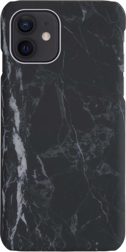 NoXx Hoes Geschikt voor iPhone 12 Hoesje Marmer Back Case Hardcover Marmeren Hoes Marmer - Zwart - 2x