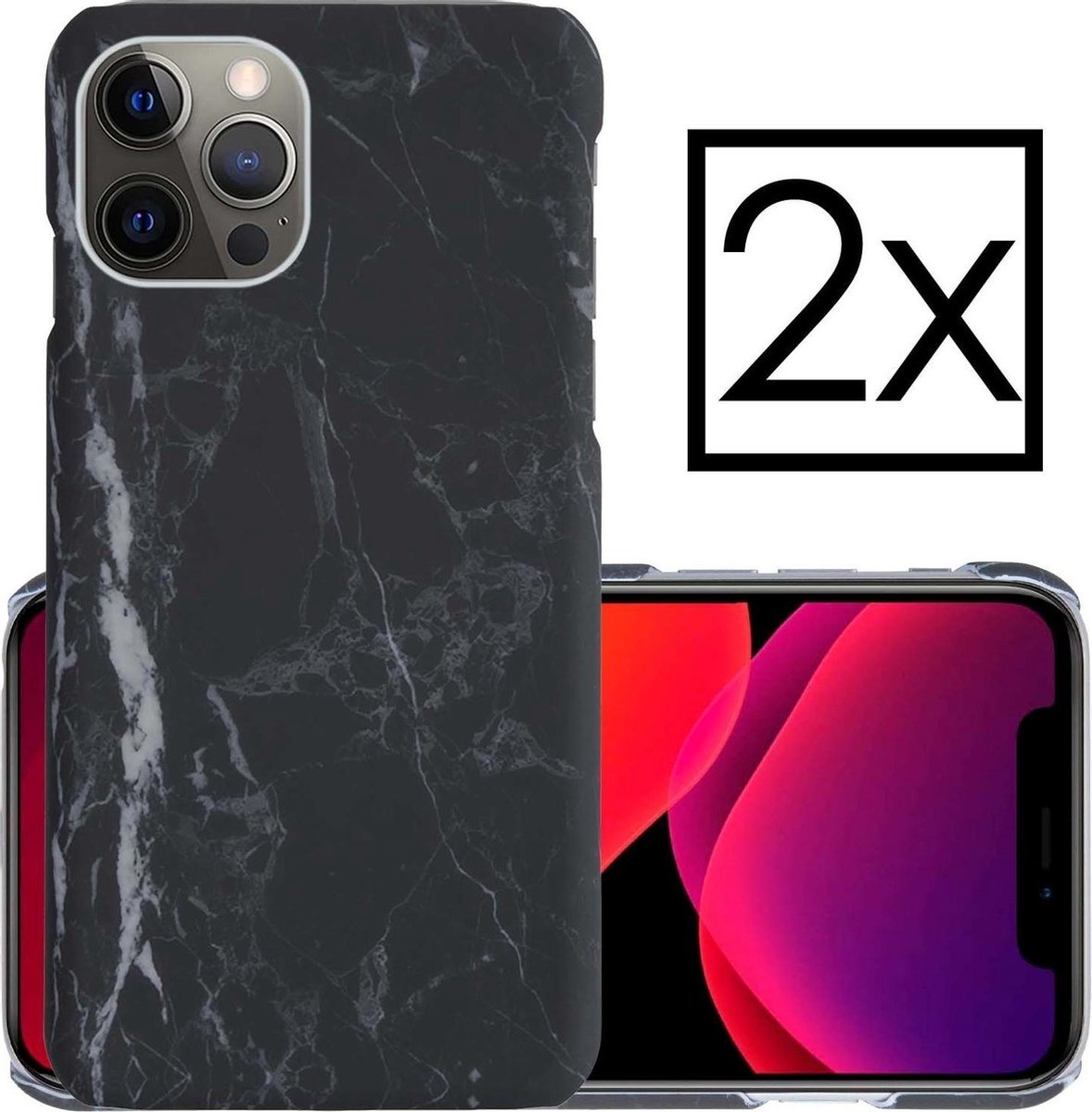 NoXx Hoes Geschikt voor iPhone 12 Pro Hoesje Marmer Back Case Hardcover Marmeren Hoes Marmer - Zwart - 2x