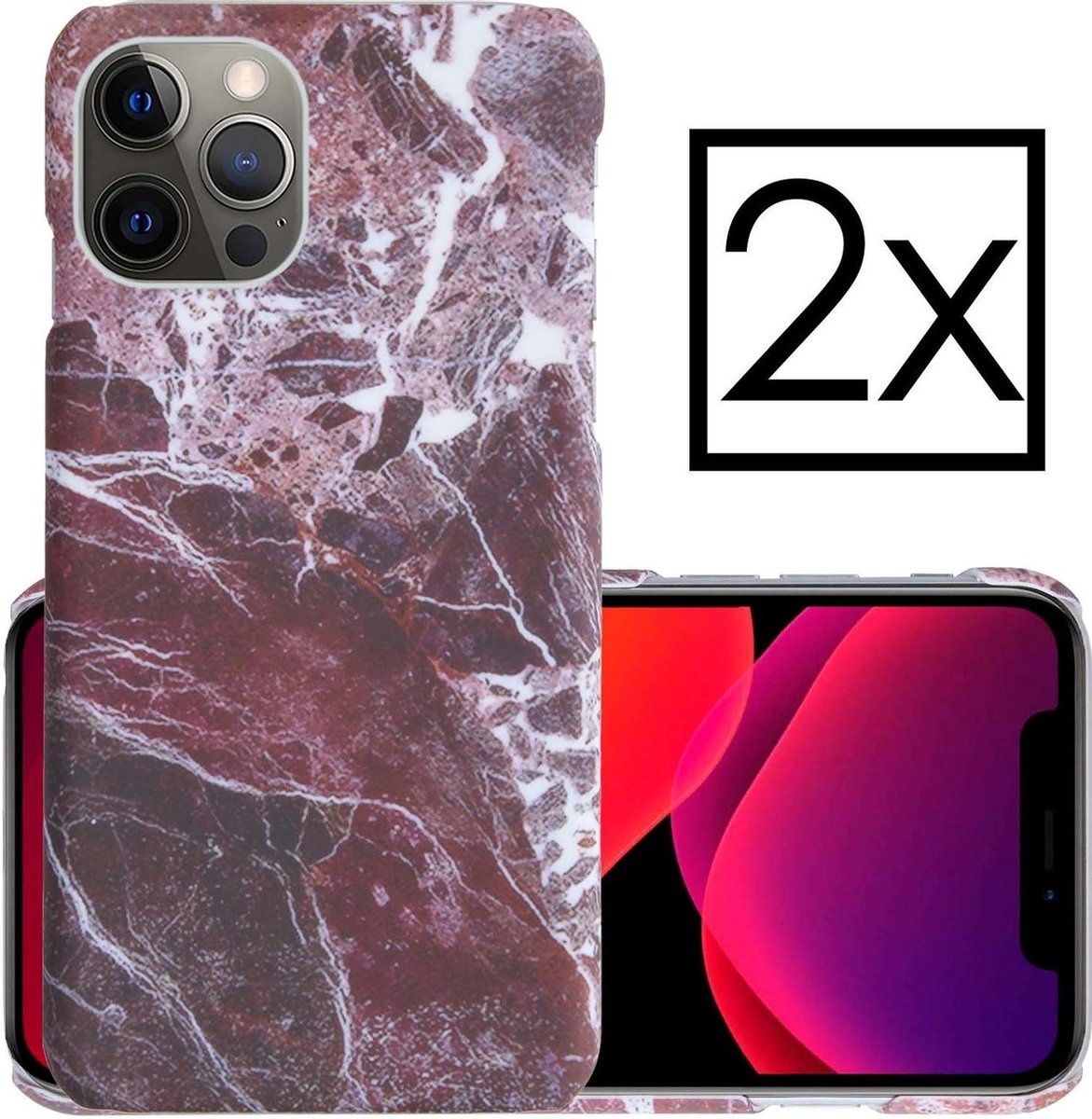 NoXx Hoes Geschikt voor iPhone 12 Pro Hoesje Marmer Back Case Hardcover Marmeren Hoes Marmer - Rood - 2x