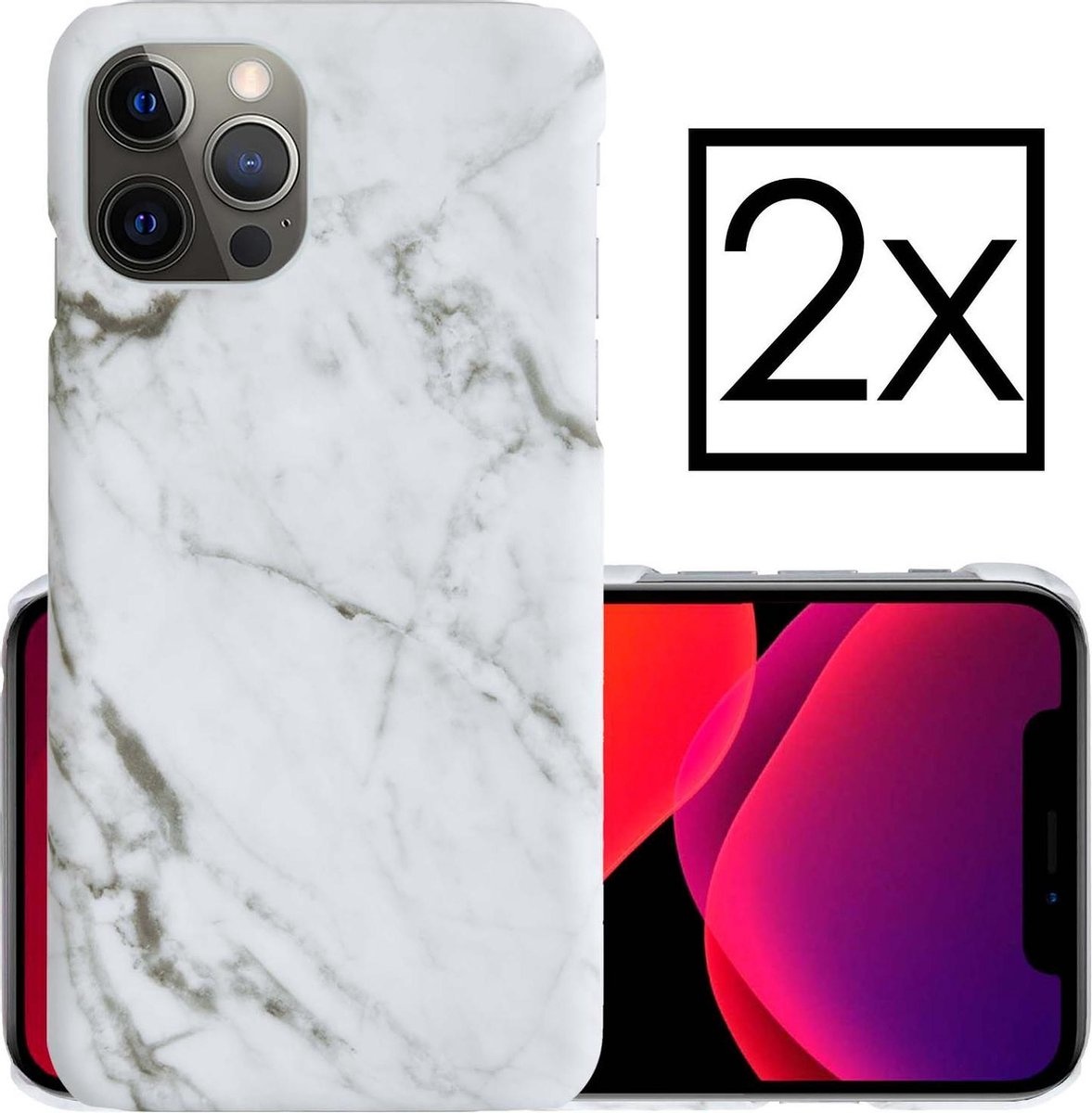 NoXx Hoes Geschikt voor iPhone 12 Pro Max Hoesje Marmer Back Case Hardcover Marmeren Hoes Marmer - Wit - 2x