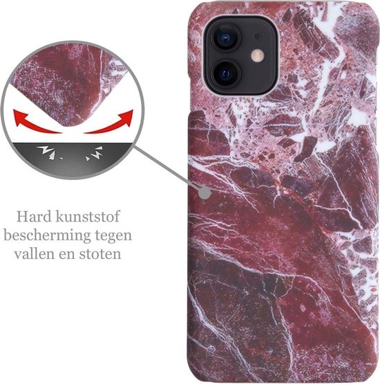 Nomfy Hoesje Geschikt voor iPhone 12 Hoesje Marmeren Case Hardcover Hoes Marmer - Hoesje Geschikt voor iPhone 12 Marmer Hoes - Rood