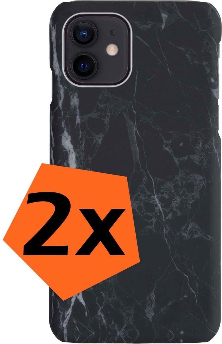 Nomfy Hoesje Geschikt voor iPhone 12 Hoesje Marmeren Case Hardcover Hoes Marmer - Hoesje Geschikt voor iPhone 12 Marmer Hoes - Zwart - 2 PACK
