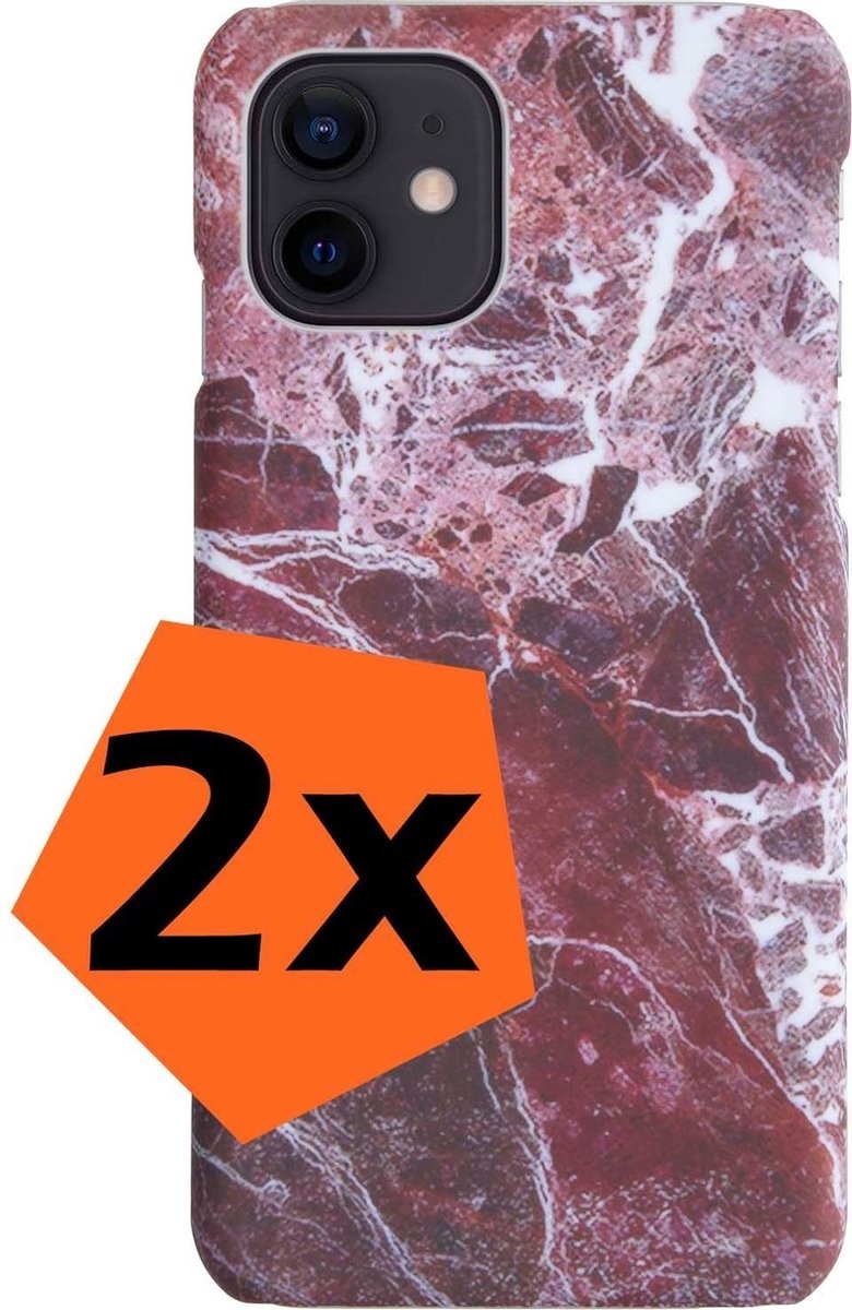 Nomfy Hoesje Geschikt voor iPhone 12 Hoesje Marmeren Case Hardcover Hoes Marmer - Hoesje Geschikt voor iPhone 12 Marmer Hoes - Rood - 2 PACK