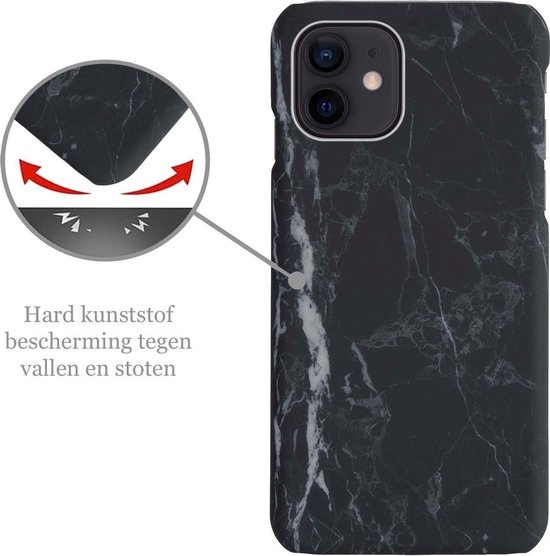 Nomfy Hoesje Geschikt voor iPhone 12 Hoesje Marmeren Case Hardcover Hoes Marmer - Hoesje Geschikt voor iPhone 12 Marmer Hoes - Zwart