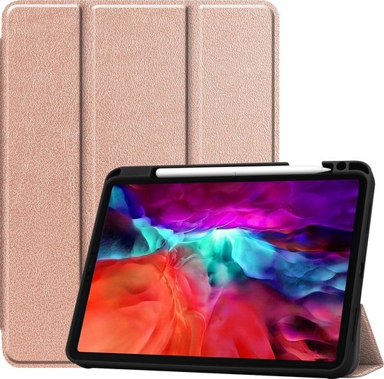 Nomfy Hoes Geschikt voor iPad Pro 2021 (12,9 inch) Hoes Tri-fold Tablet Hoesje Case Met Uitsparing Geschikt voor Apple Pencil - Hoesje Geschikt voor iPad Pro 12,9 inch (2021) Hoesje Hardcover Bookcase - Rosé goud