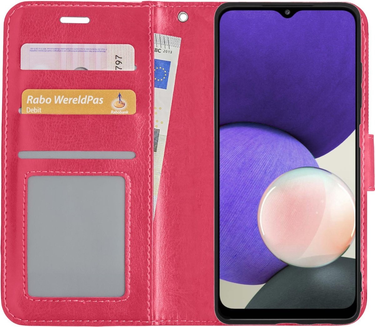 Nomfy Hoesje Geschikt voor Samsung A22 5G Hoes Bookcase Flipcase Book Cover - Hoes Geschikt voor Samsung Galaxy A22 5G Hoesje Book Case - Donkerroze
