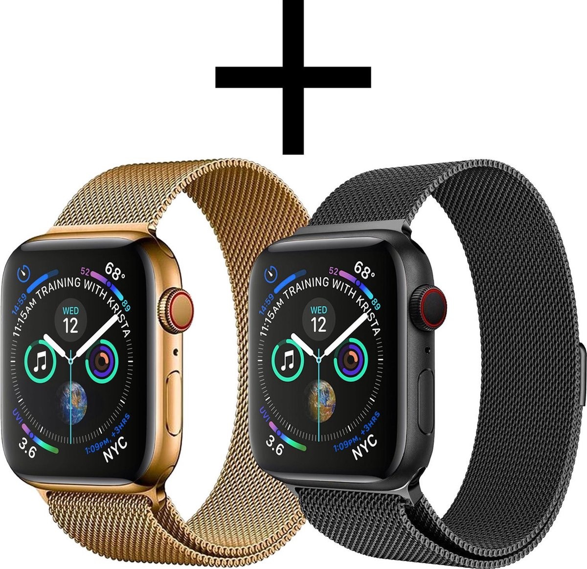 NoXx Horlogeband Milanees Geschikt voor Apple Watch 42/44/45 mm Bandje - Bandje Geschikt voor Apple Watch 42/44/45 mm Band Milanees - Zwart & Goud
